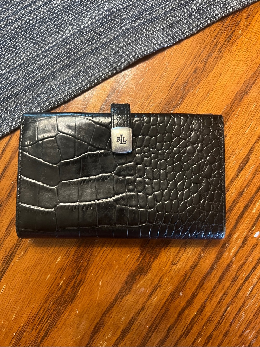 Ralph Lauren Black Croc-Embossed Leather Key & Card Holder